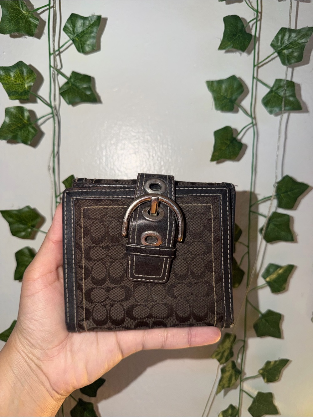 Coach Dark Brown Signature Canvas Wallet with Buckle